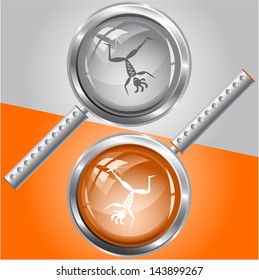 Dancing ethnic little man. Vector magnifying glass.