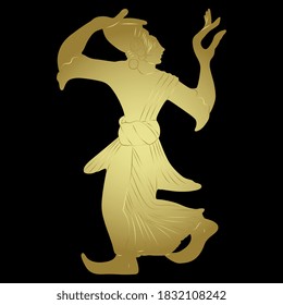 Dancing Etruscan woman. Golden silhouette on black background.