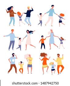 Dancing family. Kids playing and dancing with parents mother father children dancers vector characters collection