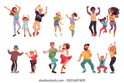 Dancing family. Young people, fun kid parents disco dance. Children and couple enjoy good time, happy dad child mother vector characters