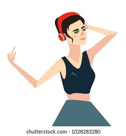 Dancing female cartoon character isolated on white background. girl listening to music on red headphones. Vector illustration. Woman in top and skirt have fun. Modern trendy image. Creative cover.