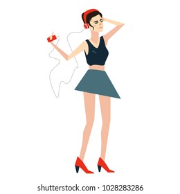 Dancing female cartoon character isolated on white background with music device in a hand. Girl listening to music on red headphones. Vector illustration. Woman in top and skirt have fun. Trendy image