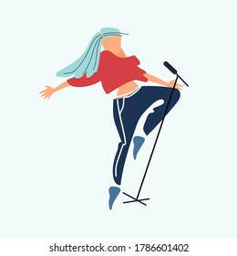 Dancing female pop singer by the stage microphone. Pop music concert. Vocal and dance performance. Vector illustration in flat style