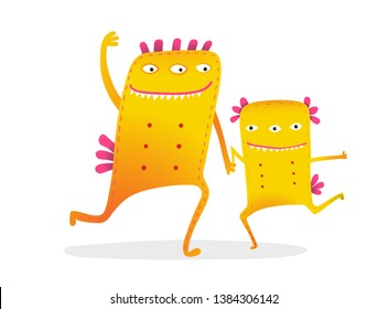 Dancing Fictional Characters Parent and Kid. Funny monster kids cartoon with dancing playing together monsters.