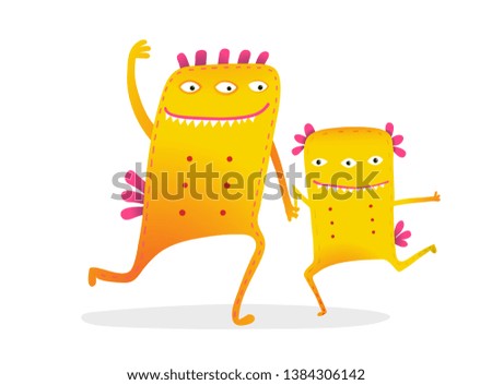 Dancing Fictional Characters Parent and Kid. Funny monster kids cartoon with dancing playing together monsters.