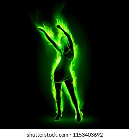 Dancing Fiery Girl Made of Green Fire. Bright Dancing Symbol on the Black Background