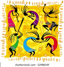 Dancing figures on an orange background