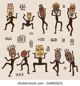 Dancing figures wearing African masks.  Primitive art. Vector illustration.