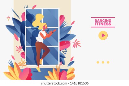 Dancing fitness school banner or landing page garient template. Vector concept illustration with young woman clapping hands and enjoying vigorous sport exercising in front of window and vivid greenery