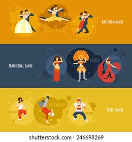 Dancing flat horizontal banner set with street ballroom traditional dance elements isolated vector illustration