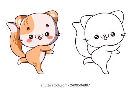 Personaje de dibujos animados de gatito esponjoso bailando de la página para colorear. Gato infantil de pie en una pata color y contorno ilustración. Creatividad infantil