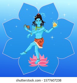 Dancing four-armed on a blue background. Vector graphics.