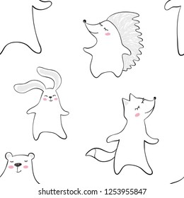 Dancing fox, bunny, unicorn, hedgehog baby seamless pattern. Cute animal listens to music. Cool illustration for nursery, t-shirt, kids apparel, simple child background design