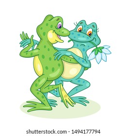 Dancing frogs. A pair of two funny frogs dancing tango. In cartoon style. Isolated on a white background. Vector illustration.