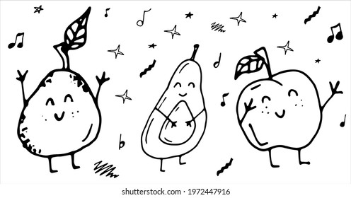 Dancing fruit, apple, avocado, pear, vitamin charge, fruit charge, melodies and notes, funny fruit, doodles style, monochrome drawings, handmade