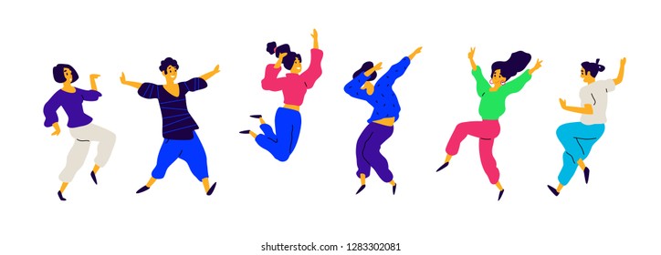 Dancing and fun people, positive emotions. Vector. Illustrations of males and females. Flat style. A group of happy and joyful teenagers. Shapes are isolated on a white background. Funny poses.