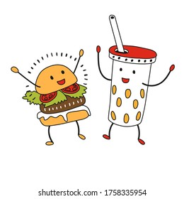 Dancing funny burger and a milkshake with a straw.