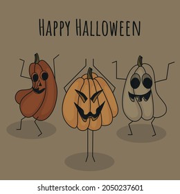 Dancing, funny, carved pumpkins. Happy Halloween. Feast of All Saints. Vector illustration for a mystical holiday. Trick or treat. National costume party. A postcard or an invitation to a party.