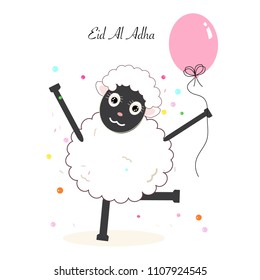 Dancing funny sheep with colorful balloon greeting card. Islamic festival of sacrifice, eid al adha celebration greeting card