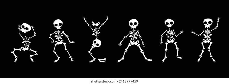 Dancing funny skeletons. Different skeleton poses set isolated on black dark background vector illustration.