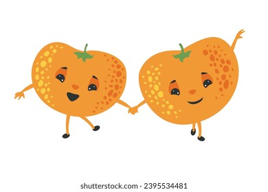 Dancing funny tangerines. Vector cheerful orange citrus fruits