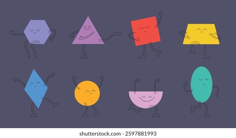 Dancing geometric shapes. Set of characters in linear flat style.