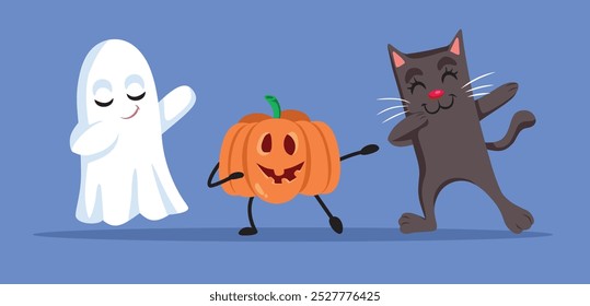 
Dancing Ghost Halloween Pumpkin and Black Cat Vector Cartoon. Cheerful characters celebrating autumnal holidays
