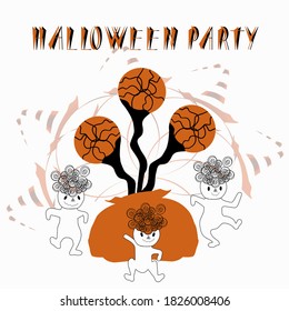 Dancing ghosts pumpkin lanterns and witch hats on white background. Isolate vector illustration Halloween Party for invitation poster banner.