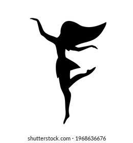 Dancing girl black vector silhouette on white background. Thin girl silhouette in ballet pose. Young ballerina dancing 