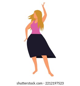 Dancing girl with blonde hair in skirt and without shoes. Vector illustration.