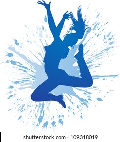 Dancing girl with blue spots and splashes on white background. Vector illustration.