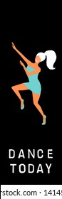 Dancing girl  card background. Happy dansing bright colored adult woman for design modern pop party invitation, birthday greeting card, fashion shop sale advertising, bag print, holiday wallpaper etc.