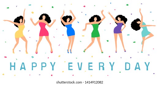 Dancing girl  card background. Happy dansing bright colored adult woman for design modern pop party invitation, birthday greeting card, fashion shop sale advertising, bag print, holiday wallpaper etc.