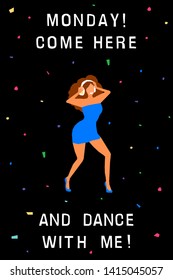 Dancing girl  card background. Happy dansing bright colored adult woman for design modern pop party invitation, birthday greeting card, fashion shop sale advertising, bag print, holiday wallpaper etc.