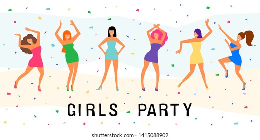 Dancing girl  card background. Happy dansing bright colored adult woman for design modern pop party invitation, birthday greeting card, fashion shop sale advertising, bag print, holiday wallpaper etc.