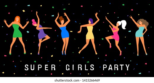 Dancing girl  card background. Happy dancing bright colored adult woman for design modern pop party invitation, birthday greeting card, fashion shop sale advertising, bag print, holiday wallpaper etc.