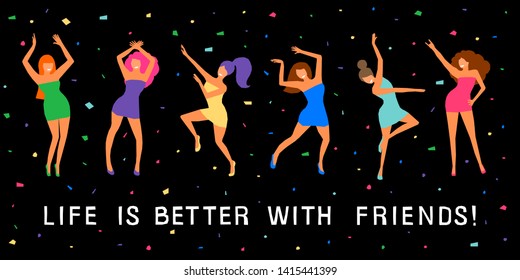 Dancing girl  card background. Happy dansing bright colored adult woman for design modern pop party invitation, birthday greeting card, fashion shop sale advertising, bag print, holiday wallpaper etc.