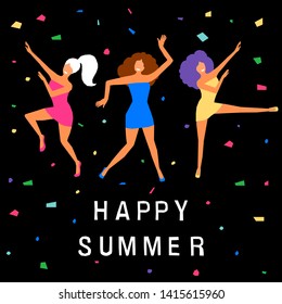 Dancing girl  card background. Happy dansing bright colored adult woman for design modern pop party invitation, birthday greeting card, fashion shop sale advertising, bag print, holiday wallpaper etc.