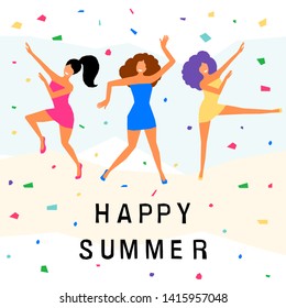 Dancing girl  card background. Happy dansing bright colored adult woman for design modern pop party invitation, birthday greeting card, fashion shop sale advertising, bag print, holiday wallpaper etc.