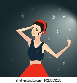 Dancing girl cartoon character with notes on dark gradient background. Female listen to music on red headphones. Vector illustration. Woman in top and skirt have fun. Modern trendy cover image.