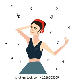Dancing girl cartoon character with notes on background. Female listens music on red headphones. Vector illustration isolated on white. Woman in top and skirt have fun. Modern trendy image.