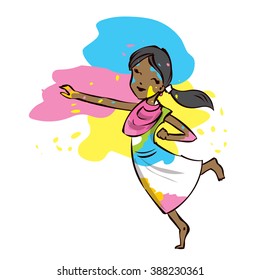 Dancing girl. Celebrating holi festival. Hand drawn cartoon vector illustration.