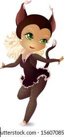 Dancing girl Chibi in a black cat costume. Vector illustration.