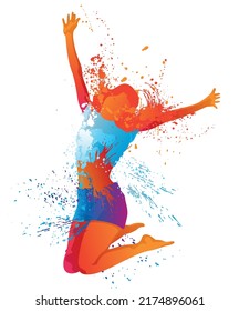 The Dancing Girl with Colorful Spots and Splashes on White Background - Abstract Illustration, Vector Graphic