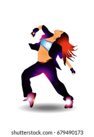 The dancing girl with colorful spots and splashes on white background. Vector illustration.