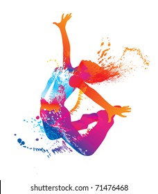Tanssiva tyttö värikkäitä paikkoja ja roiskeita valkoisella taustalla. Vektorin kuva.