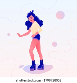 Dancing girl in denim shorts and a one shoulder top. Vector illustration for logo, branding, banner, poster, character design