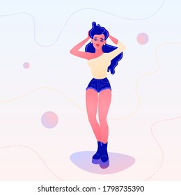 Dancing girl in denim shorts and a one shoulder top. Vector illustration for logo, branding, banner, poster, character design