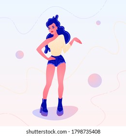 Dancing girl in denim shorts and a one shoulder top. Vector illustration for logo, branding, banner, poster, character design