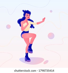 Dancing girl in denim shorts and a one shoulder top. Vector illustration for logo, branding, banner, poster, character design